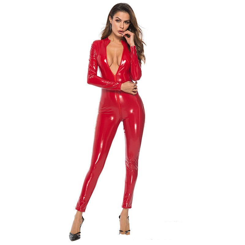 PU Leather Open Crotch With Zipper Jumpsuits