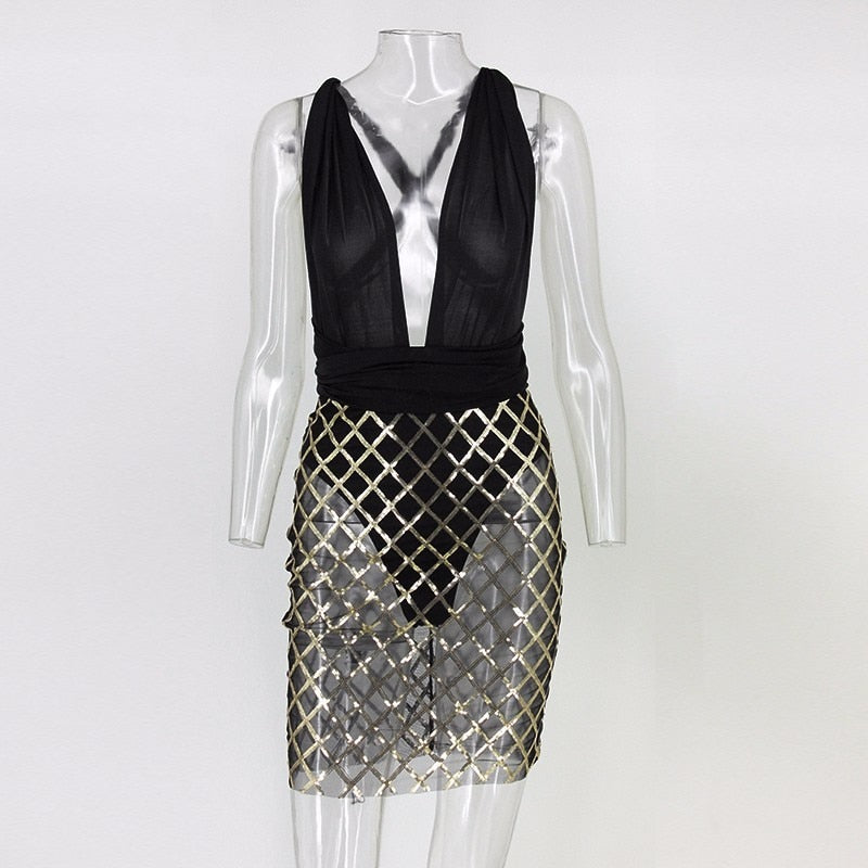 Deep V Neck Cross Sequin Mesh Dresses (Black/Khaki)