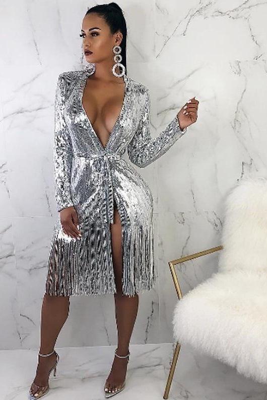 Sequined Long Sleeve Waist Belt Robe Dresses