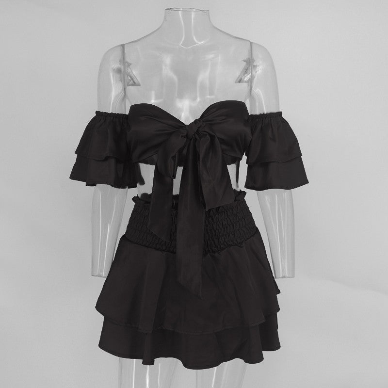 V Neck Ruffle Bow Tie Crop Top and Skirt Sets
