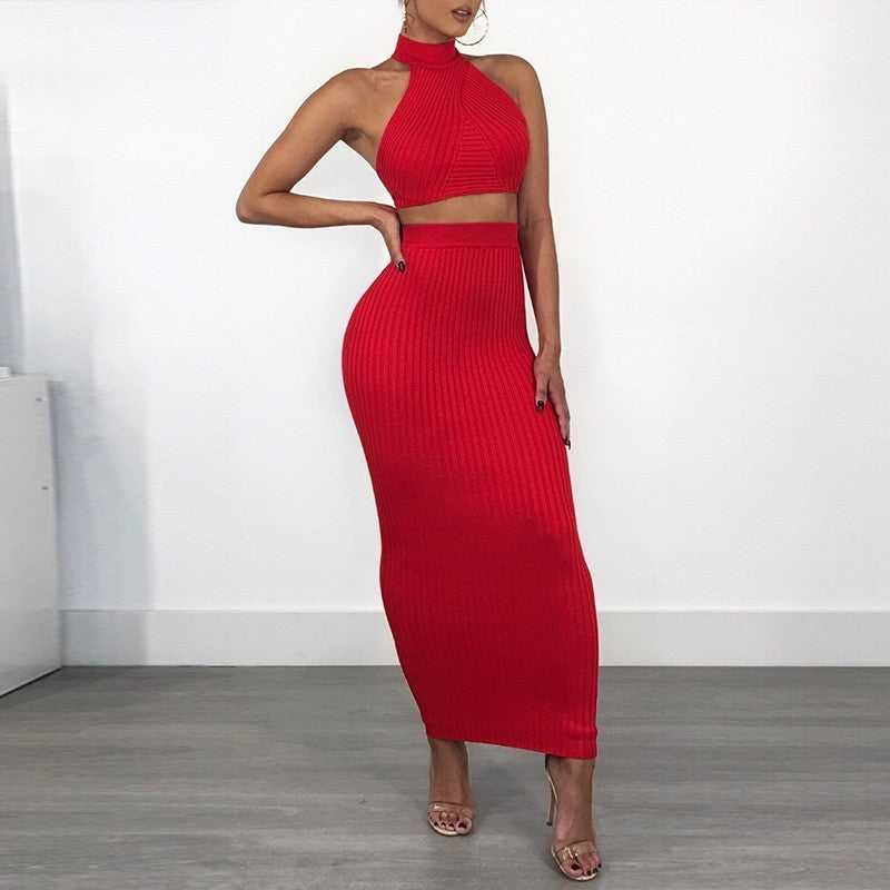 Halter Backless Knitted Bodycon Two Piece Dresses