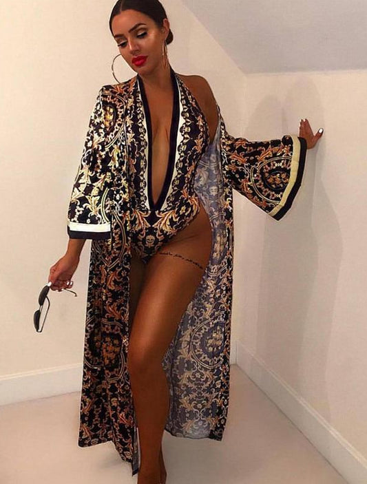 V-Neck Print Monokini Long Maxi 2 PCS Set