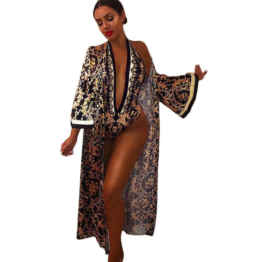 V-Neck Print Monokini Long Maxi 2 PCS Set