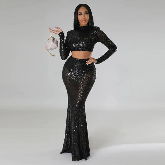 Sequins O-neck Crop Top & Maxi Skirt Sets