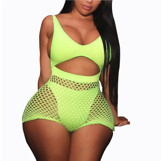 Neon Fishnet High Waisted Thong Monokini Sets