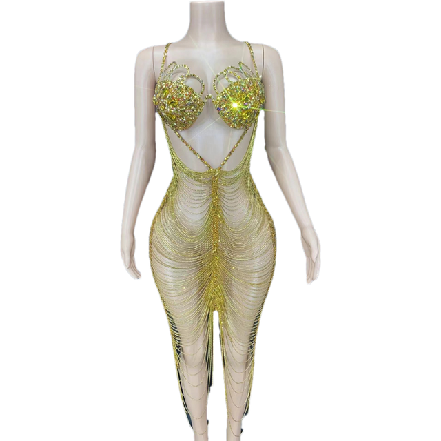 Gold Fringe Rhinestone Body Chain Dress Overlay