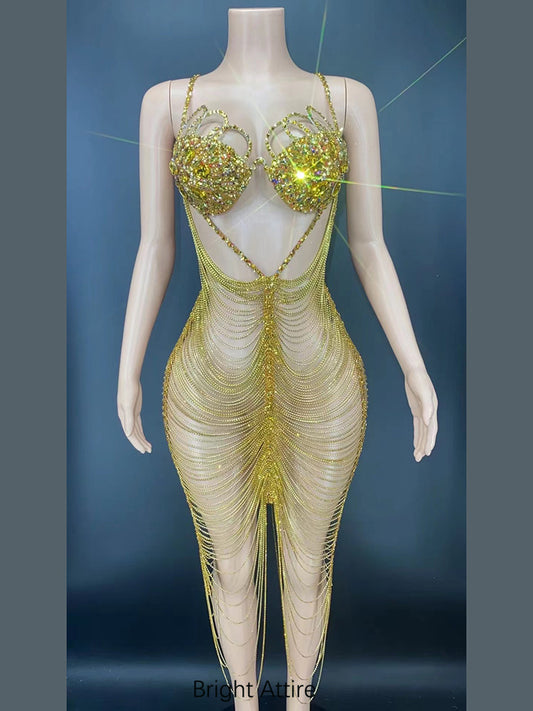 Gold Fringe Rhinestone Body Chain Dress Overlay