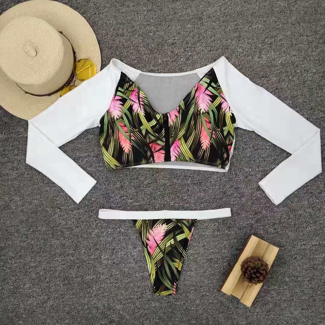 Topical Floral Leaves Print Long Sleeve Mesh Brazilian Bikini Set