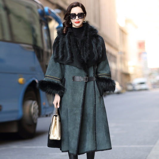 Green Genuine Suede Fox Fur Big Collar/Cuff Overcoat