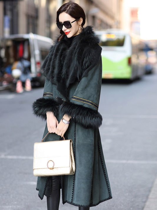 Green Genuine Suede Fox Fur Big Collar/Cuff Overcoat