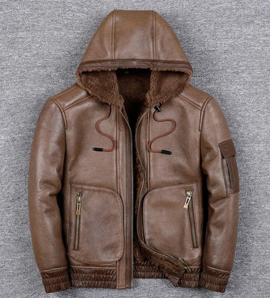 Genuine Leather Jackets Shearling Lining Hoodie