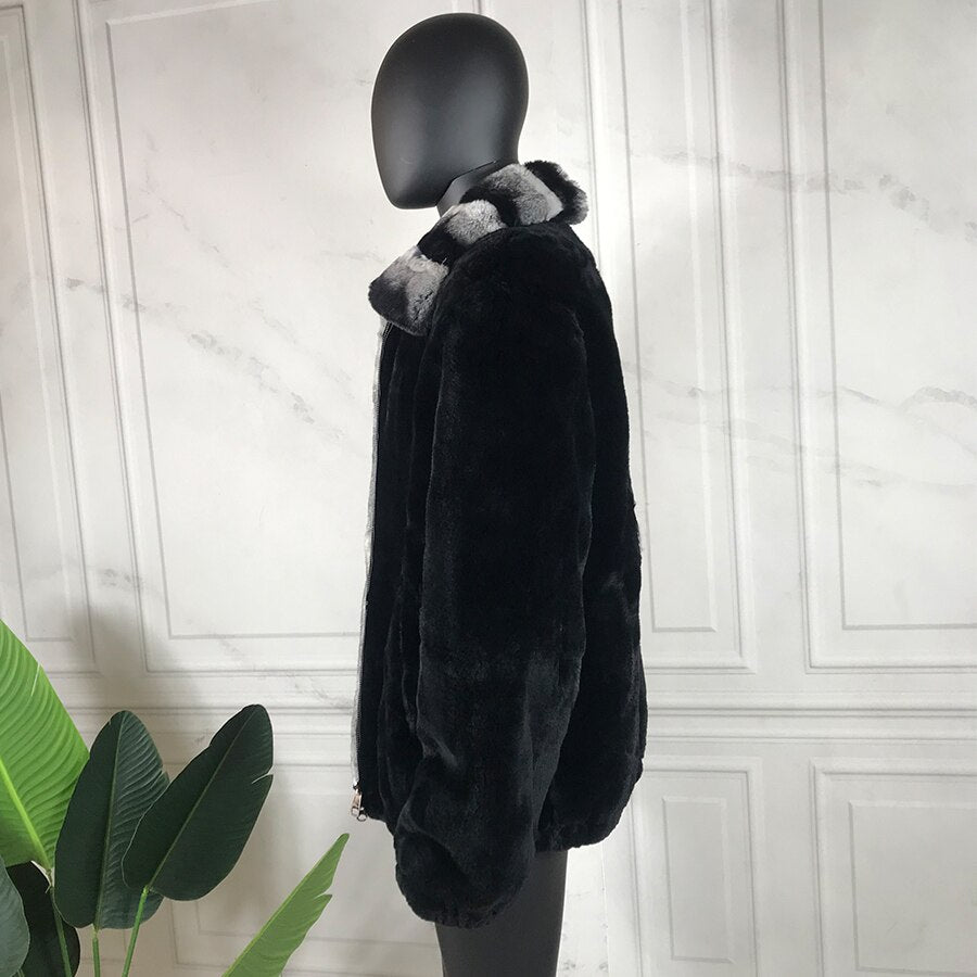 Black Real Rabbit Fur Big Collar & Trim Coats