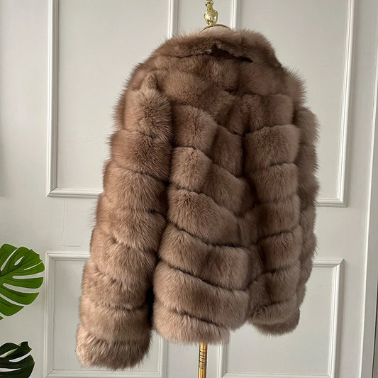 Natural Real Fox Fur Coats Turn-down Collar