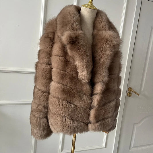 Natural Real Fox Fur Coats Turn-down Collar