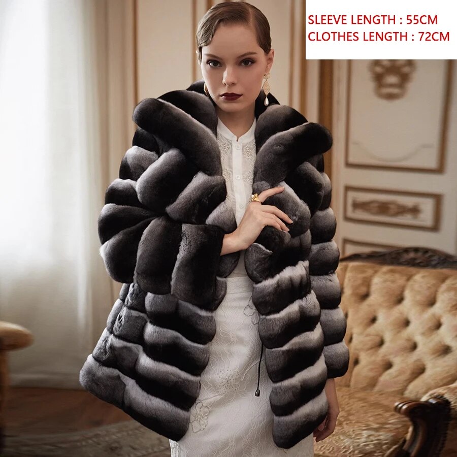 Chinchilla Style Real Fur Coat Mid Length Big Collar