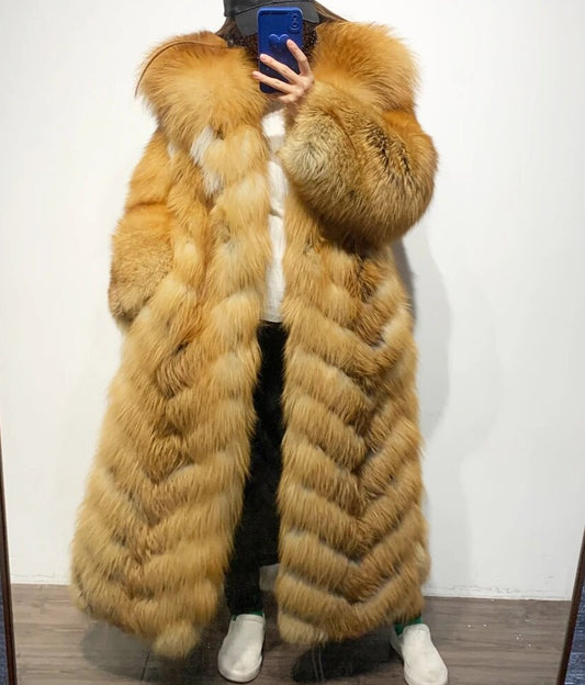 Pattern Big Fur Collar X-Long Real Fox Fur Coat
