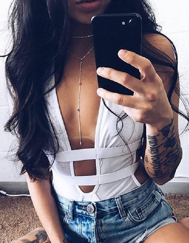 Double Belly Strap Mesh Backless Bodysuit