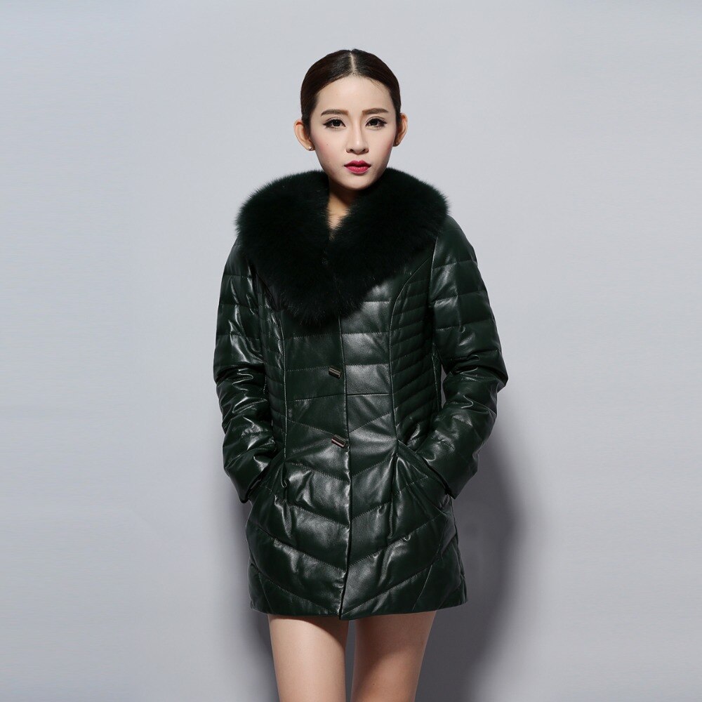 Genuine Leather Coat Fur Collar Goose Down
