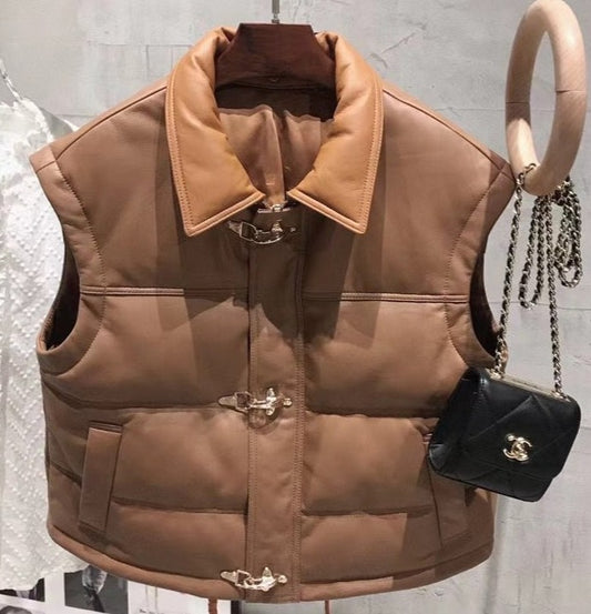 Genuine Leather Sleeveless Duck Down Crop Jacket