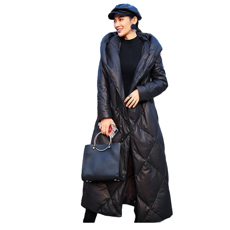 Genuine Leather Duck Down Hooded X-Long Coat