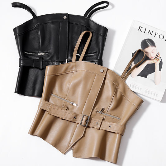 Genuine Leather Tube Strap Crop Tops