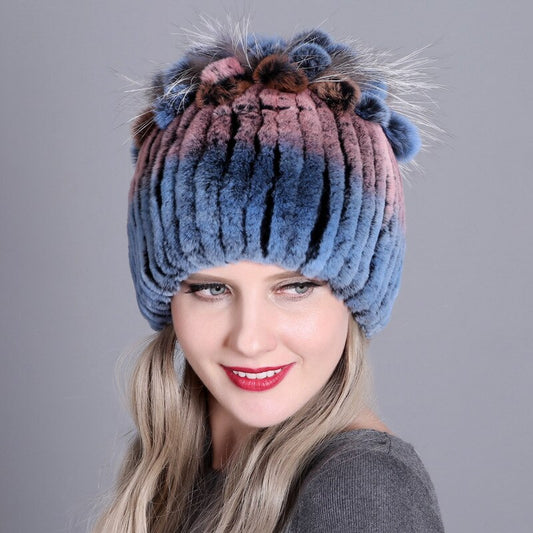 Genuine Rex Rabbit & Fox Fur Striped Beanies
