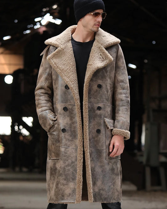 Genuine Leather Real Shearling Fur Lining Turndown Collar Long Coats