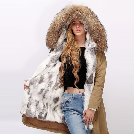 Genuine Rabbit Fur Lining Long Parka Coats