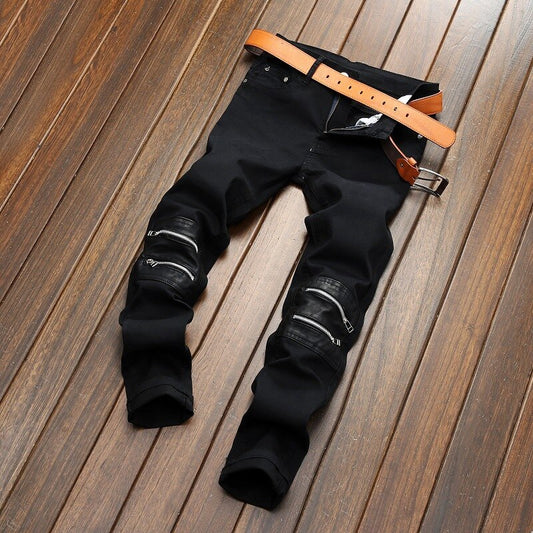 Black Double Knee Zipper Straight Jeans