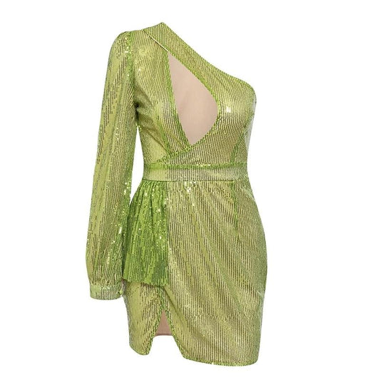 Green Sequin Lantern Sleeve Hollow Out Bodycon Mini Dress