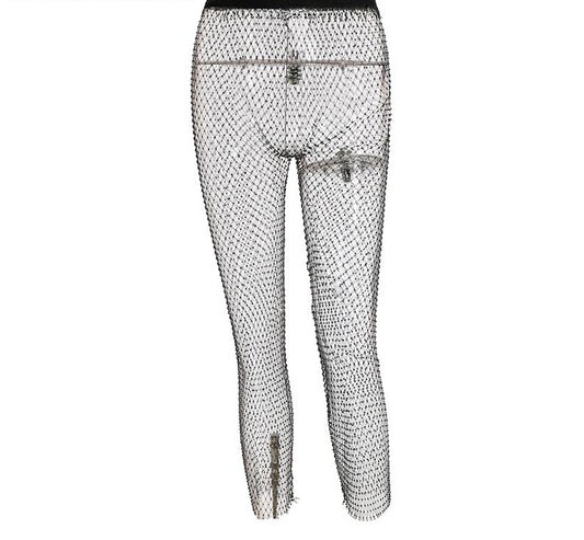 Rhinestone Netting High Waist Black Pants