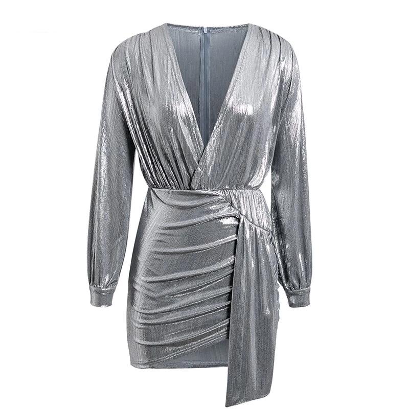 Metallic Satin Long Sleeve deep V Mini Dresses