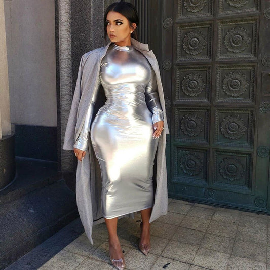 Metallic Long Sleeve Turtleneck Midi Dresses