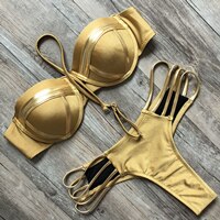 Golden/Black/Blue Strapless Brazilian Bikini Sets