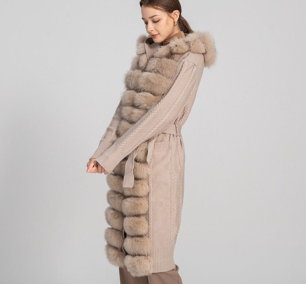 Long Slim Cardigan Sweater Hooded Real Fox Fur Detachable