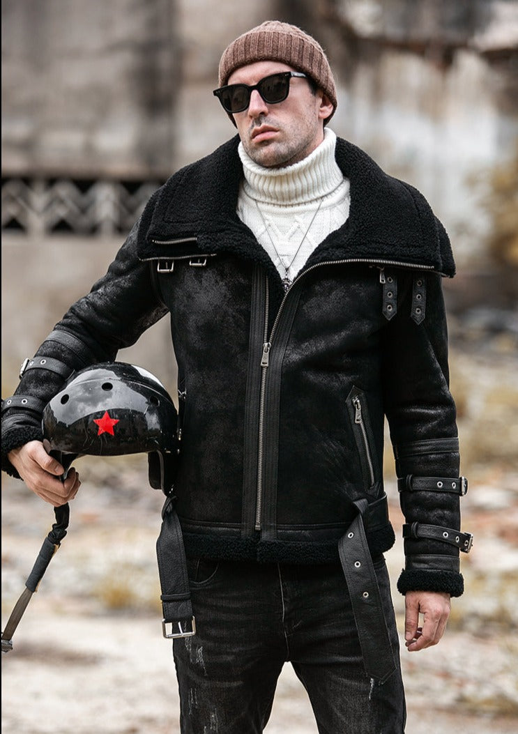 Genuine Leather Moto Jacket Double-Layer Collar