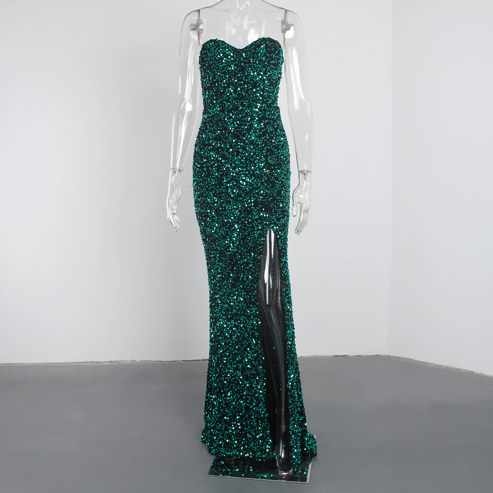 Strapless Sequin Floor Length Slit Dresses