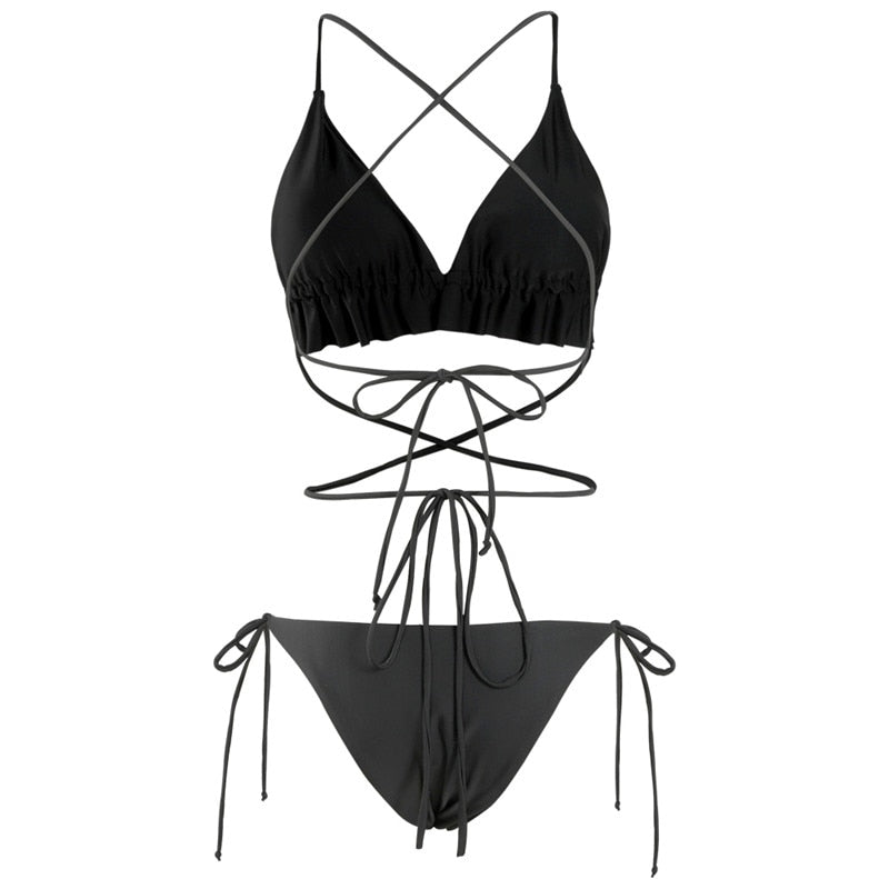 Ruffles String Cross Tie Micro Bikinis