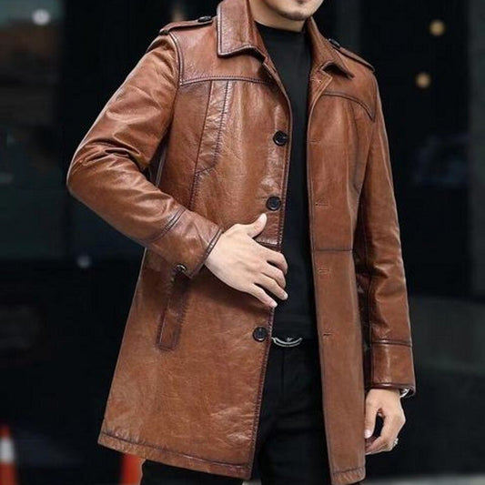Genuine Leather Long Jackets Turn-Down Collar
