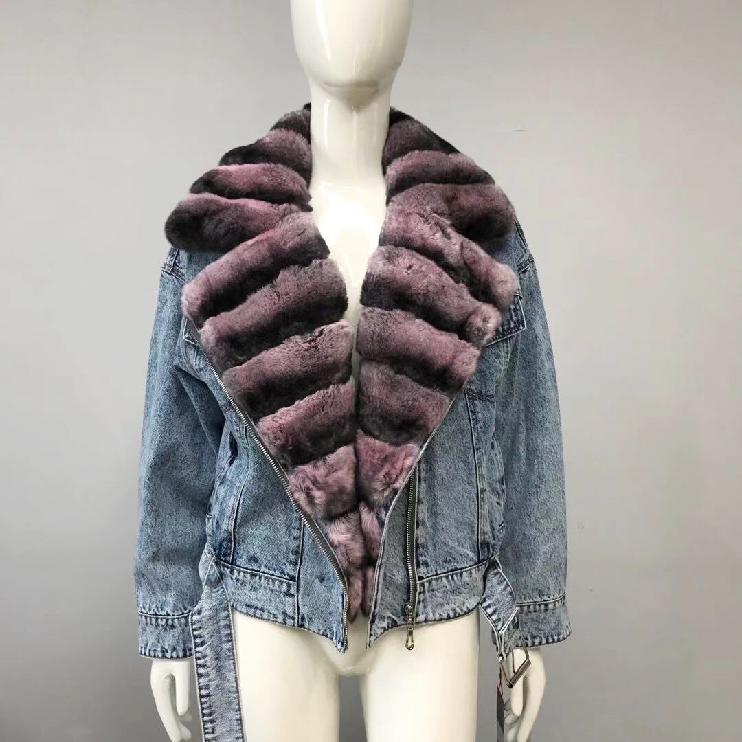 Denim Jackets Real Fur Collar Chinchilla Style