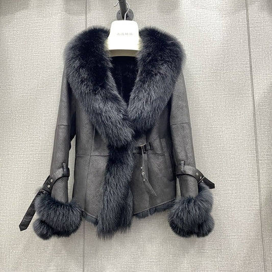 Genuine Leather Fur Collar Short Coats