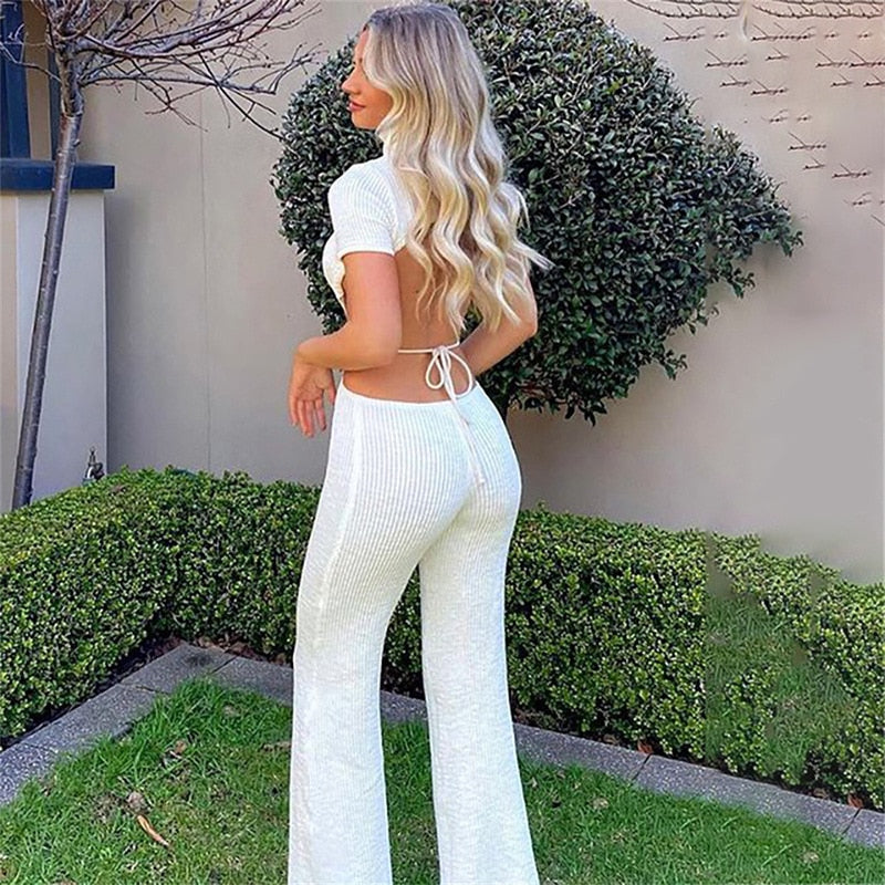 Backless Bandage Flare Legs Jumpsuits