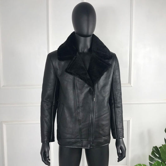 Black Genuine Leather Coat Real Fur Shearling