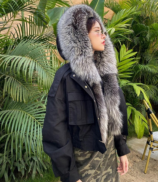 Real Fox Fur Collar Crop Bomber Jackets