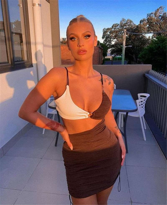 Two Tone Hollow Belly Bodycon Mini Dresses