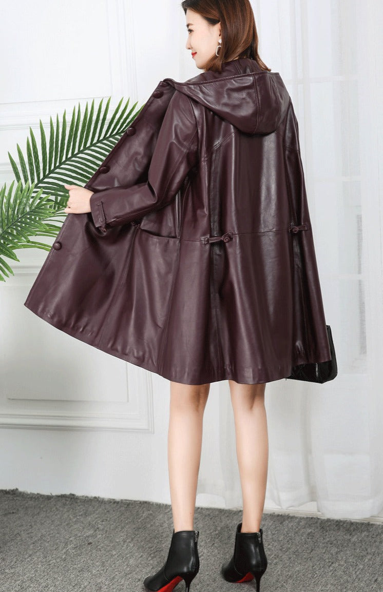 Genuine Leather Long Loose Hooded Jackets