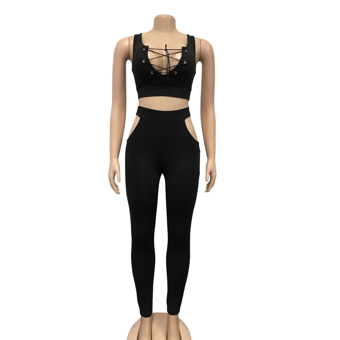 V-Neck Sleeveless Crop Top and Hollow Out Pants Sets