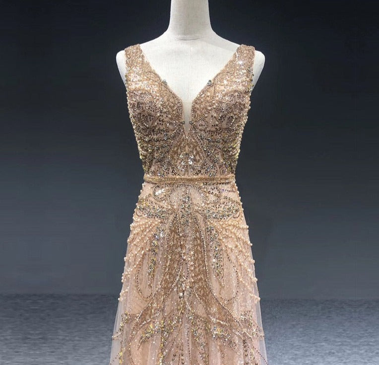 Luxury Pearl Crystal V-Neck Sleeveless Evening Dresses
