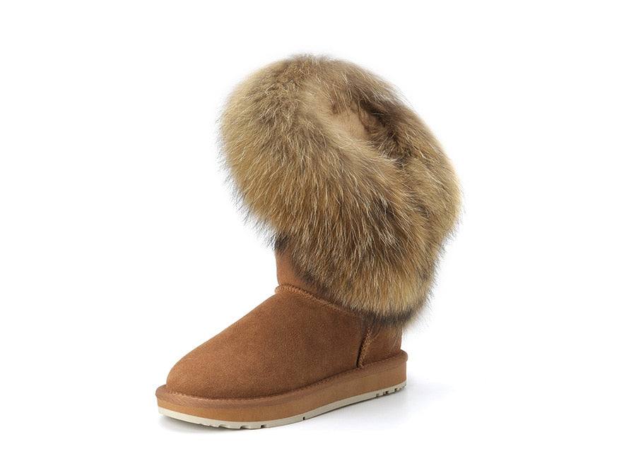 Genuine Leather Suede Natural Fox Fur Half Top Snow Boots