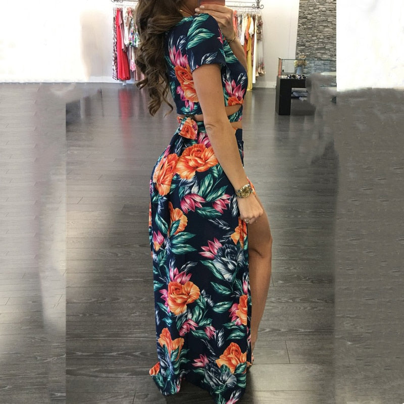 Floral Print Crop Top & Split Long Skirts